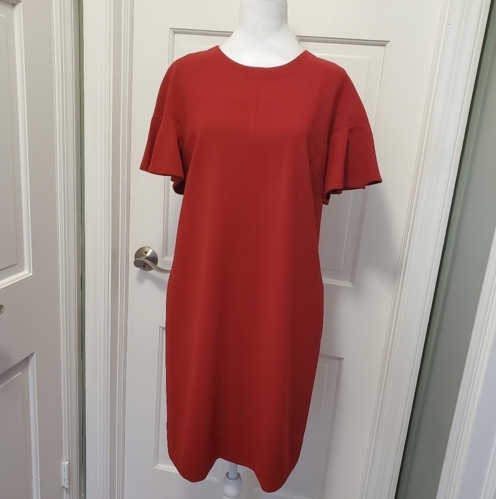 NWT Elie Tahari Krystal Back Buttons Short Sleeve Shift Dress Red Ret $368 sz 12